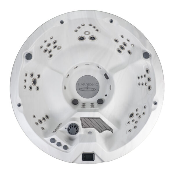 Overhead view of round Harmonic hot tub showing jet layout and seating configuration.