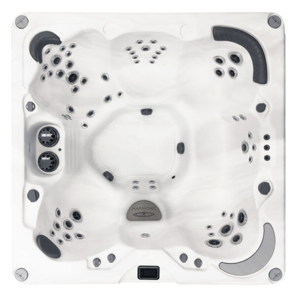 Top-down view of Harmonic hot tub showing multi-zone jets, seats, and center footwell.