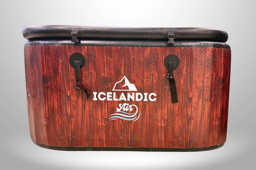 Front view of the Icelandic Air inflatable tub featuring a wood-grain exterior and the Icelandic Air logo.