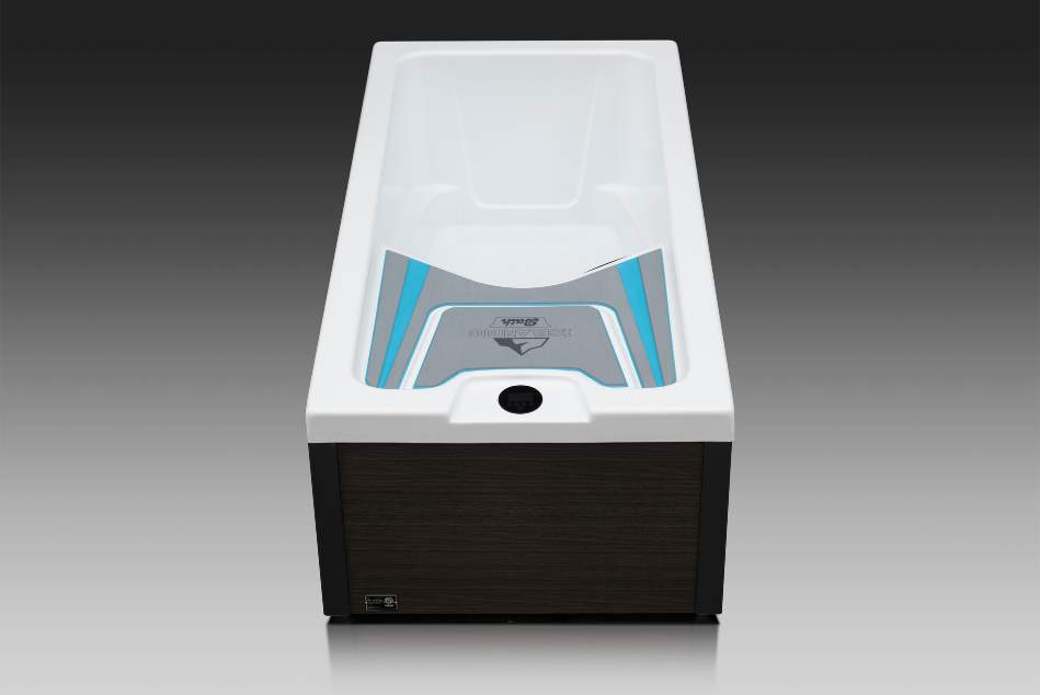 Front perspective of the Icelandic Bath showing modern top-deck design with logo panel.