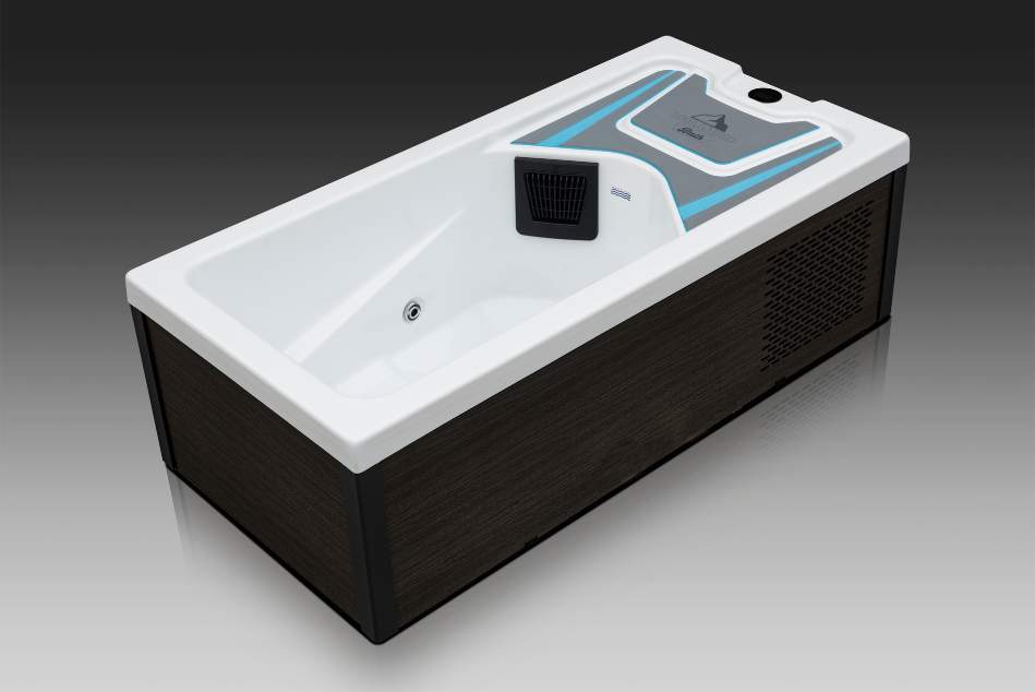 Side-angle view of the Icelandic Bath cold plunge tub showing exterior paneling and intake vent.