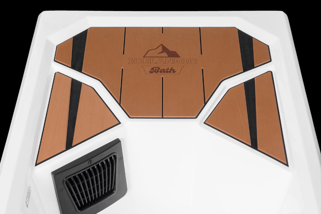 Overhead view of the Icelandic Bath showing the full teak-color deck panel layout with black accent lines.
