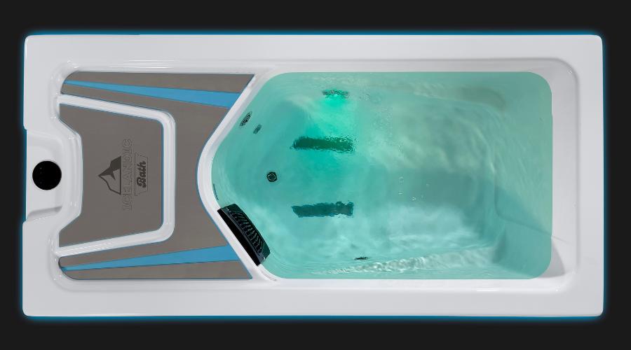 Top-down view of the Icelandic Bath cold plunge tub with aqua lighting and water circulation.