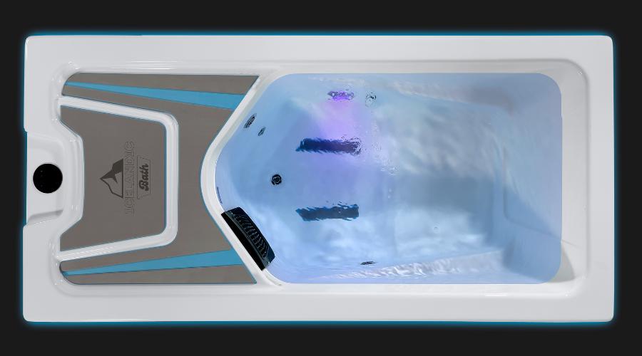 Top view of the Icelandic Bath cold plunge tub illuminated with purple LED lighting.