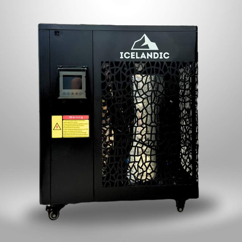Front view of the Icelandic cold plunge chiller with digital control panel and black geometric vent design.