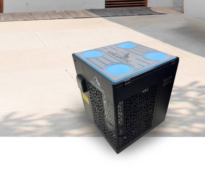 Icelandic cold plunge chiller displayed outdoors on a patio with soft shadowing.