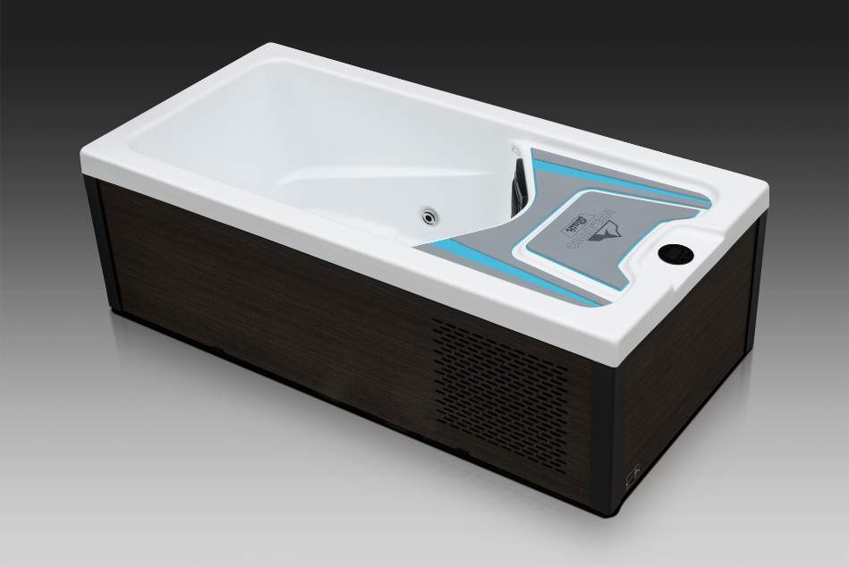 Icelandic cold plunge tub shown empty from a side-angle view with white acrylic interior and dark wood exterior panels.