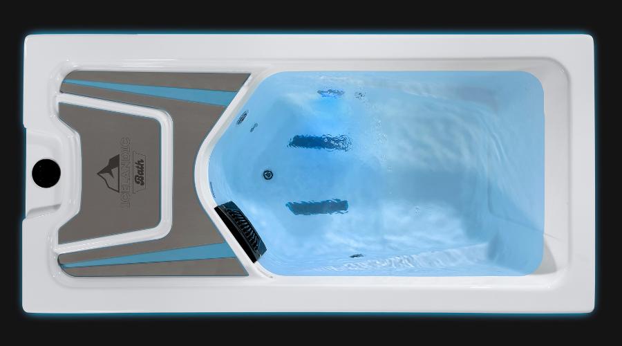 Top view of Icelandic cold plunge tub filled with blue-lit circulating water.
