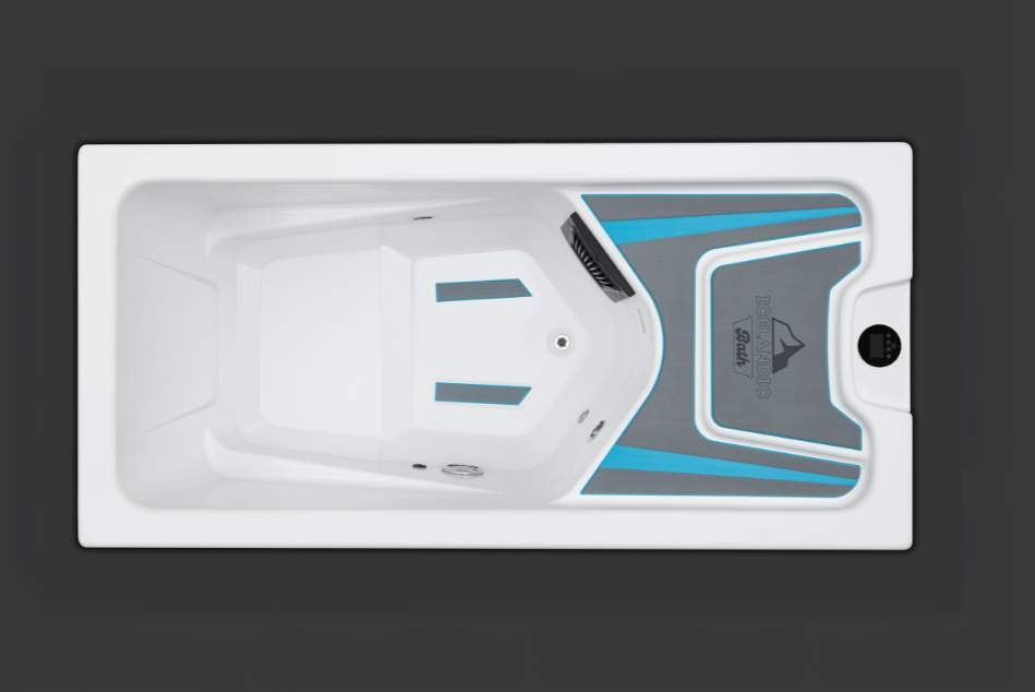 Top-down view of Icelandic cold plunge with gray and blue decking and interior footrest channels.