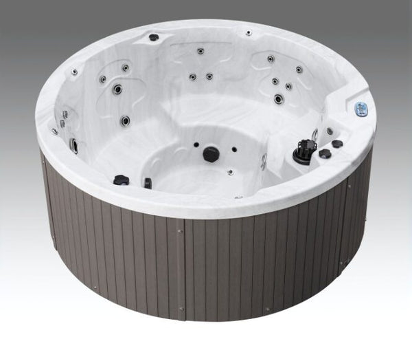 Angled view of the empty Icelandic Cyclone 1 hot tub interior showing jet placements and control panel.