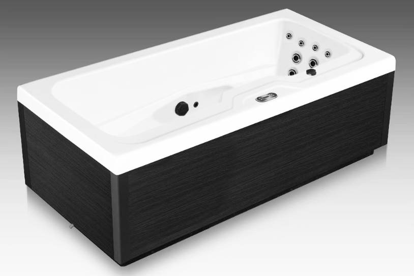 Black-panel Icelandic Fire whirlpool bathtub with hydrotherapy jets, angled view.