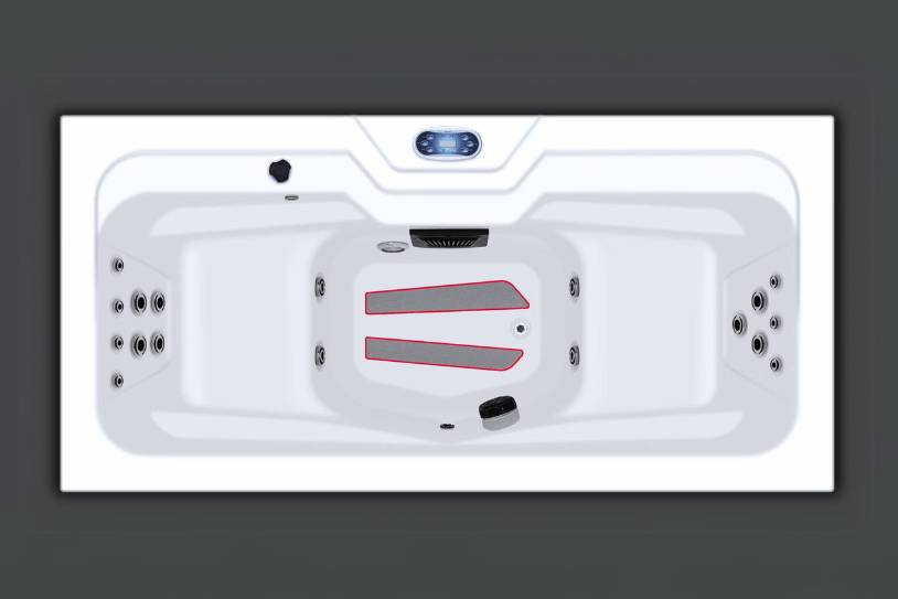 Top-down view of Icelandic Fire whirlpool tub showing jet configuration and control panel.