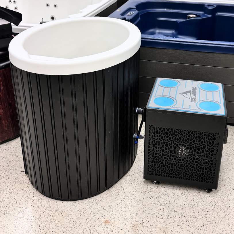 Icelandic cold plunge tub paired with the Icelandic chiller unit in a showroom setting.