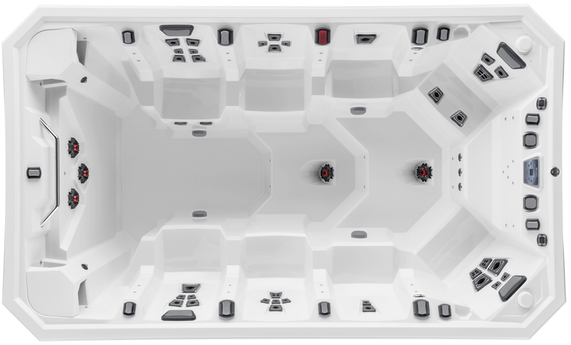 Top-down interior view of the Marquis V150P swim spa showing multiple therapy seats, powerful swim jets, and a spacious central swim area.