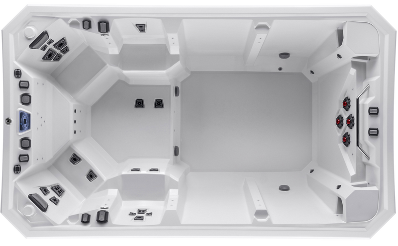 Top-down interior view of the Marquis V150W swim spa showing open swim area, hydrotherapy seating, and multiple jet zones.
