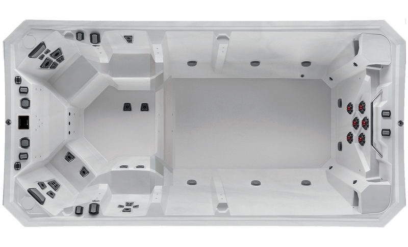 Top-down interior view of the Marquis V174K swim spa featuring a large open swim area, hydrotherapy seating, and multiple jet clusters.