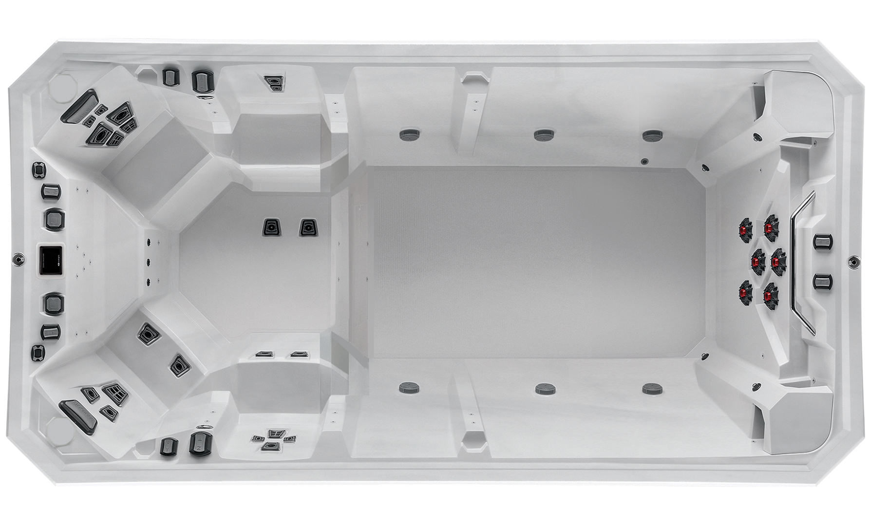 Top-down interior view of the Marquis V174S swim spa featuring a spacious swim lane, hydrotherapy seats, and multiple jet clusters.
