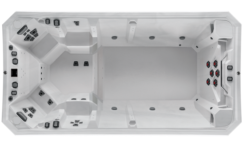 Top-down interior view of the Marquis V174S swim spa featuring a spacious swim lane, hydrotherapy seats, and multiple jet clusters.