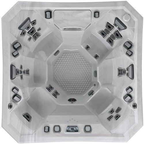Overhead view of the Vector21 Series V84 hot tub showing the full seating layout, jet placement, and interior shell design.