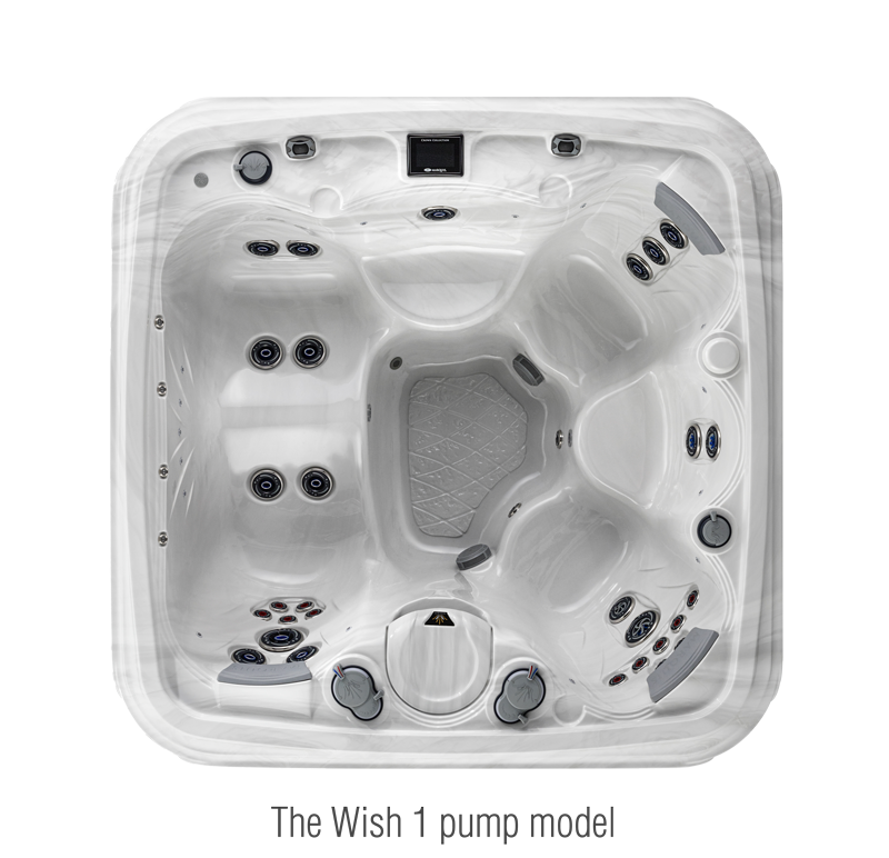 Overhead view of the Marquis Wish hot tub showing the one-pump jet layout.