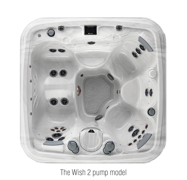 Overhead view of the Marquis Wish hot tub highlighting the two-pump jet system.