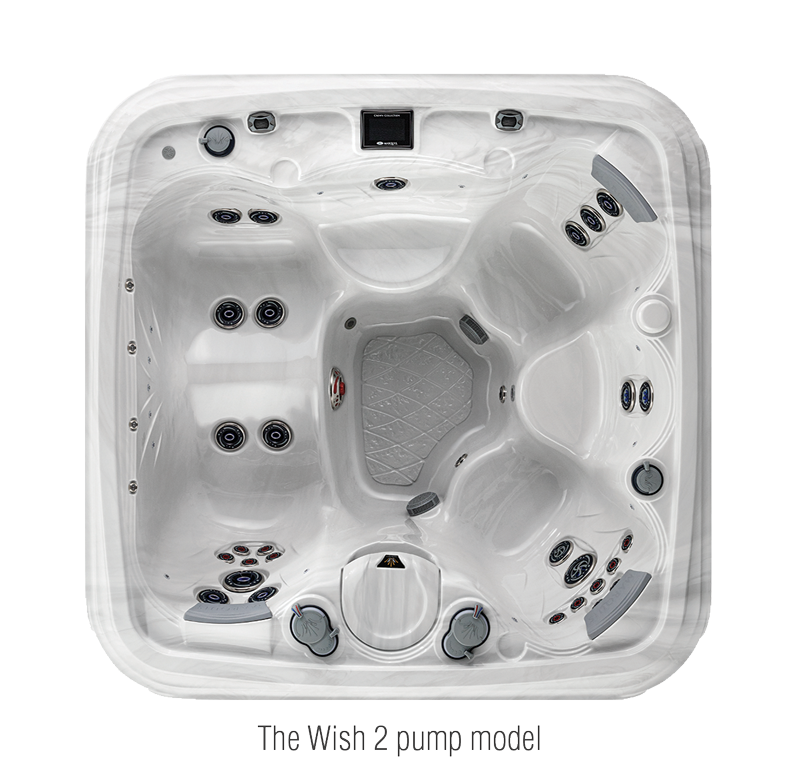 Overhead view of the Marquis Wish hot tub highlighting the two-pump jet system.