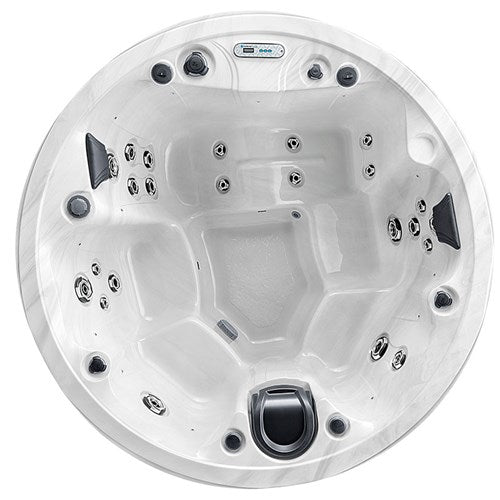 Overhead view of the Monaco Elite round hot tub showing jets, seating layout, and interior design.