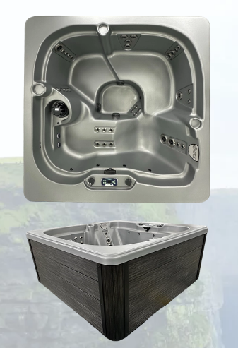 Top-down interior view of the MYSTIC 236 hot tub showing seating layout, jets, and control panel.