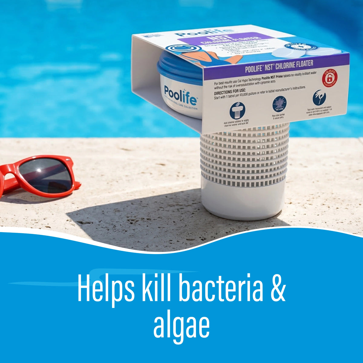 Poolife NST Chlorine Floater convenience graphic highlighting its simple twist-lock use and tablet-feeding design.