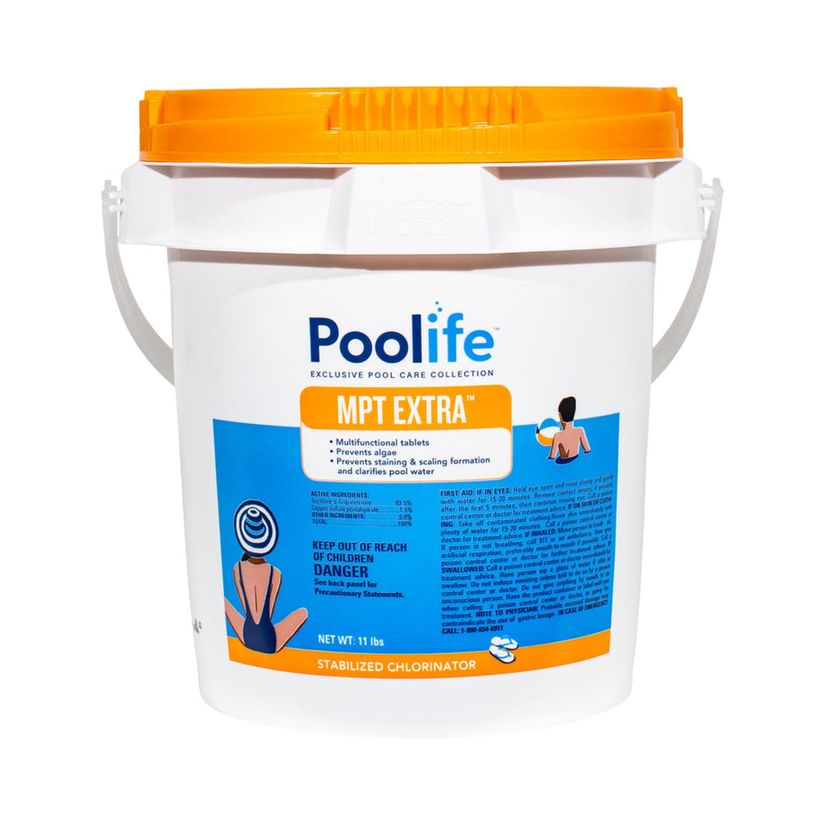 Front of the 11 lb Poolife MPT Extra 3-Inch Chlorinating Tablets package for multi-function pool care.