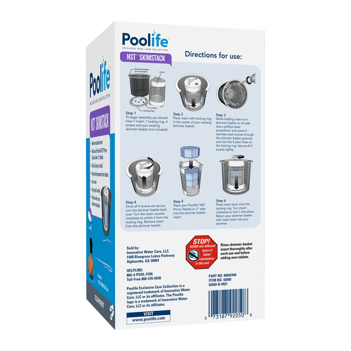 Poolife NST Skimstack 1 Kit package back with installation steps, tablet capacity, compatibility, and safe-use information.