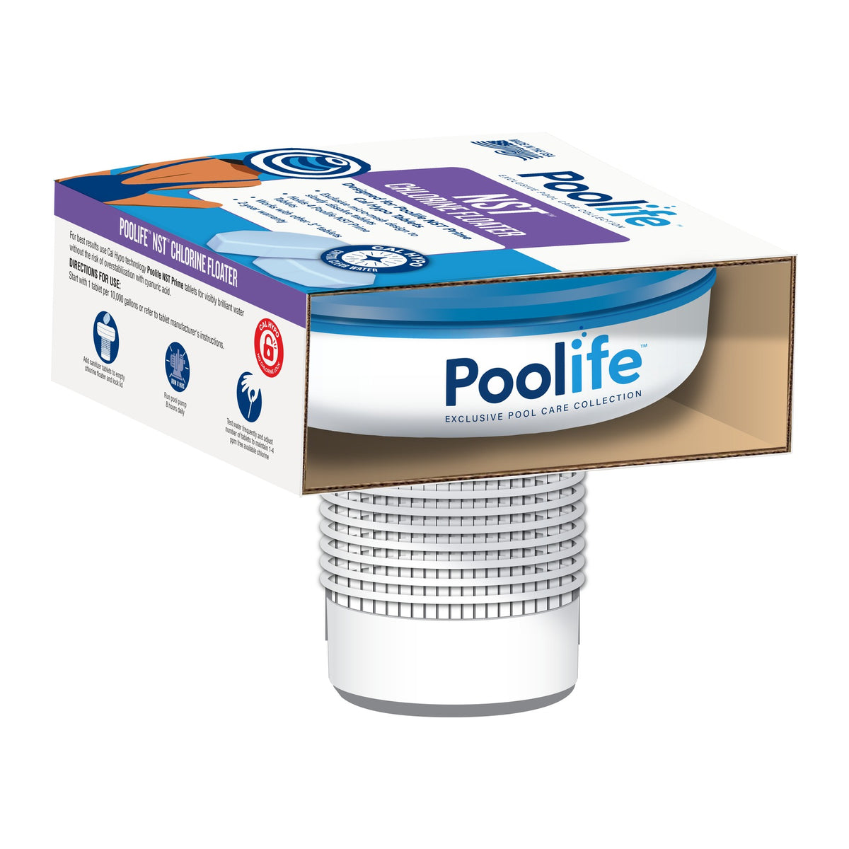 Side panel of the Poolife NST Chlorine Floater package showing directions for loading tablets and using the floater in a pool.