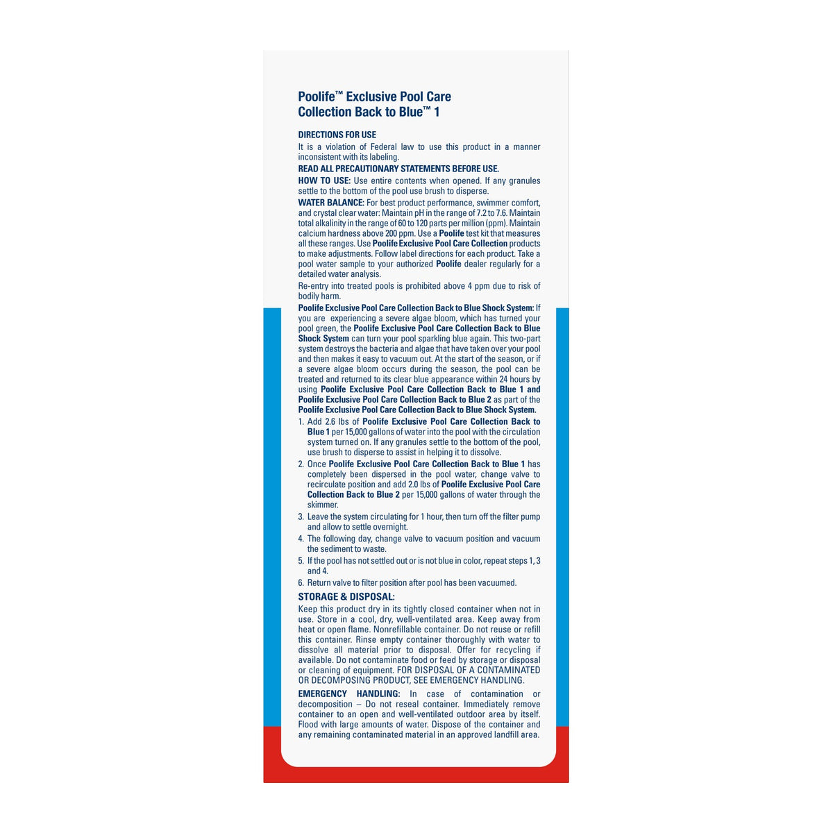 Back label of Poolife Back to Blue Shock System with product directions and use information, size 1 Kit.