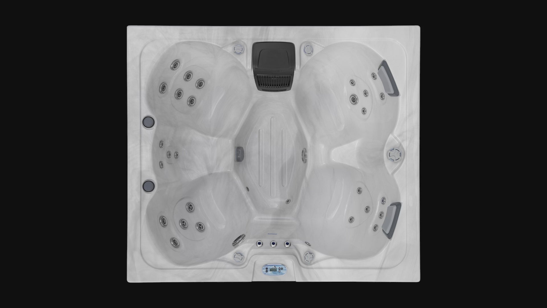 Top-down video of the Aurora spa showcasing its contoured seating, multiple hydrotherapy jets, center footwell, and smooth marble-style shell design.