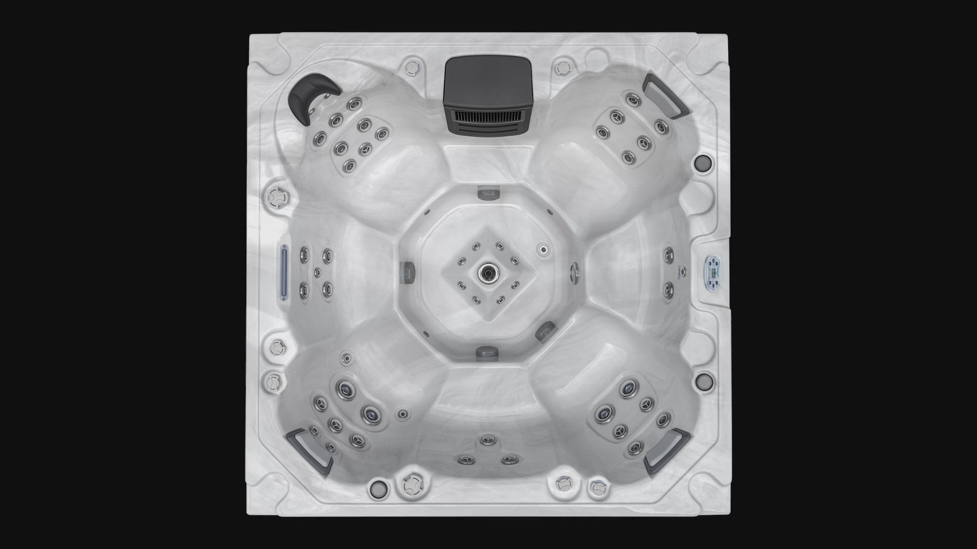 Video showing the Oasis swim spa in action, highlighting the swim zone with strong water jets, bubbling movement, and illuminated blue lighting.