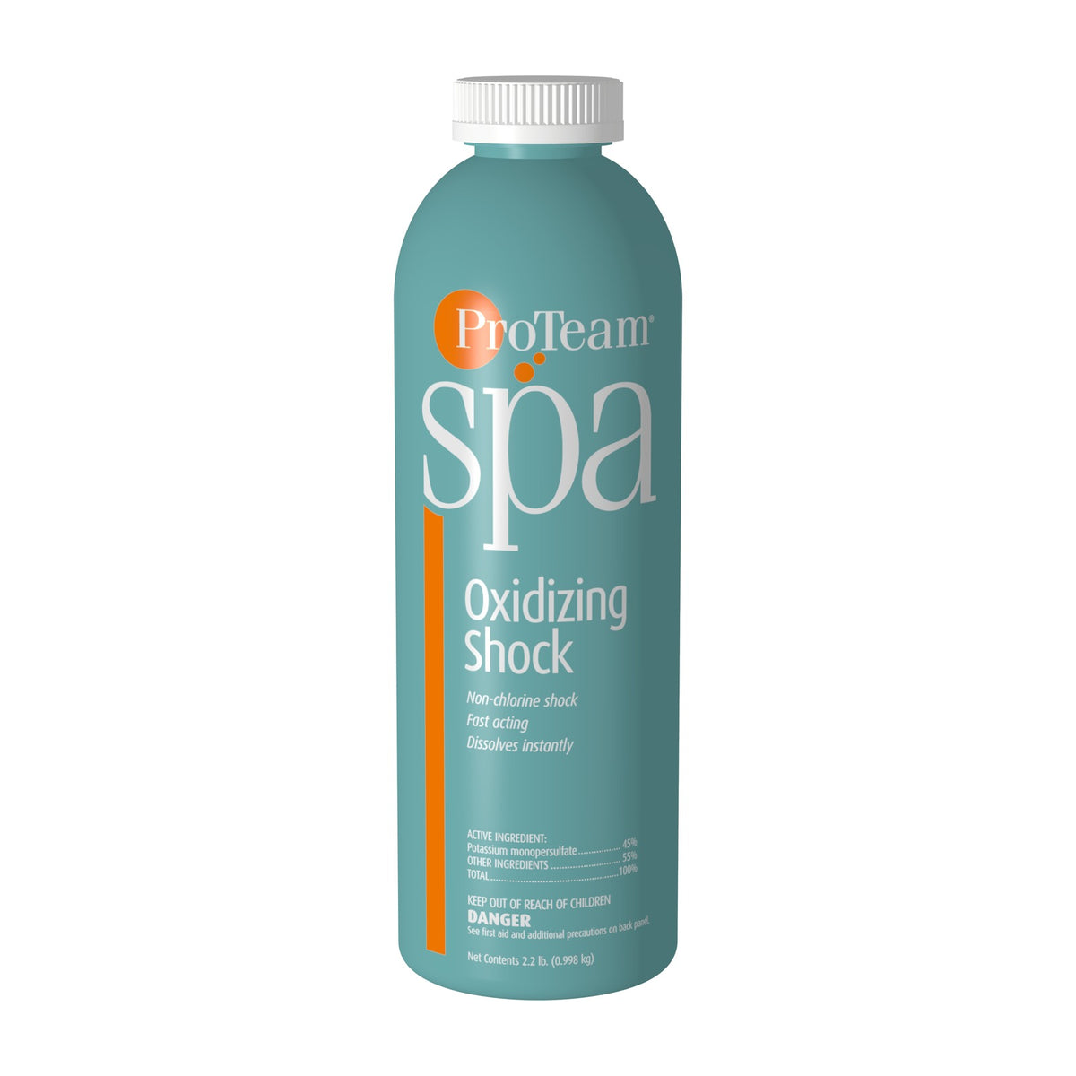 Front of ProTeam Spa Oxidizing Shock 2.2 lb container, a non-chlorine oxidizing treatment for spa and hot tub water.
