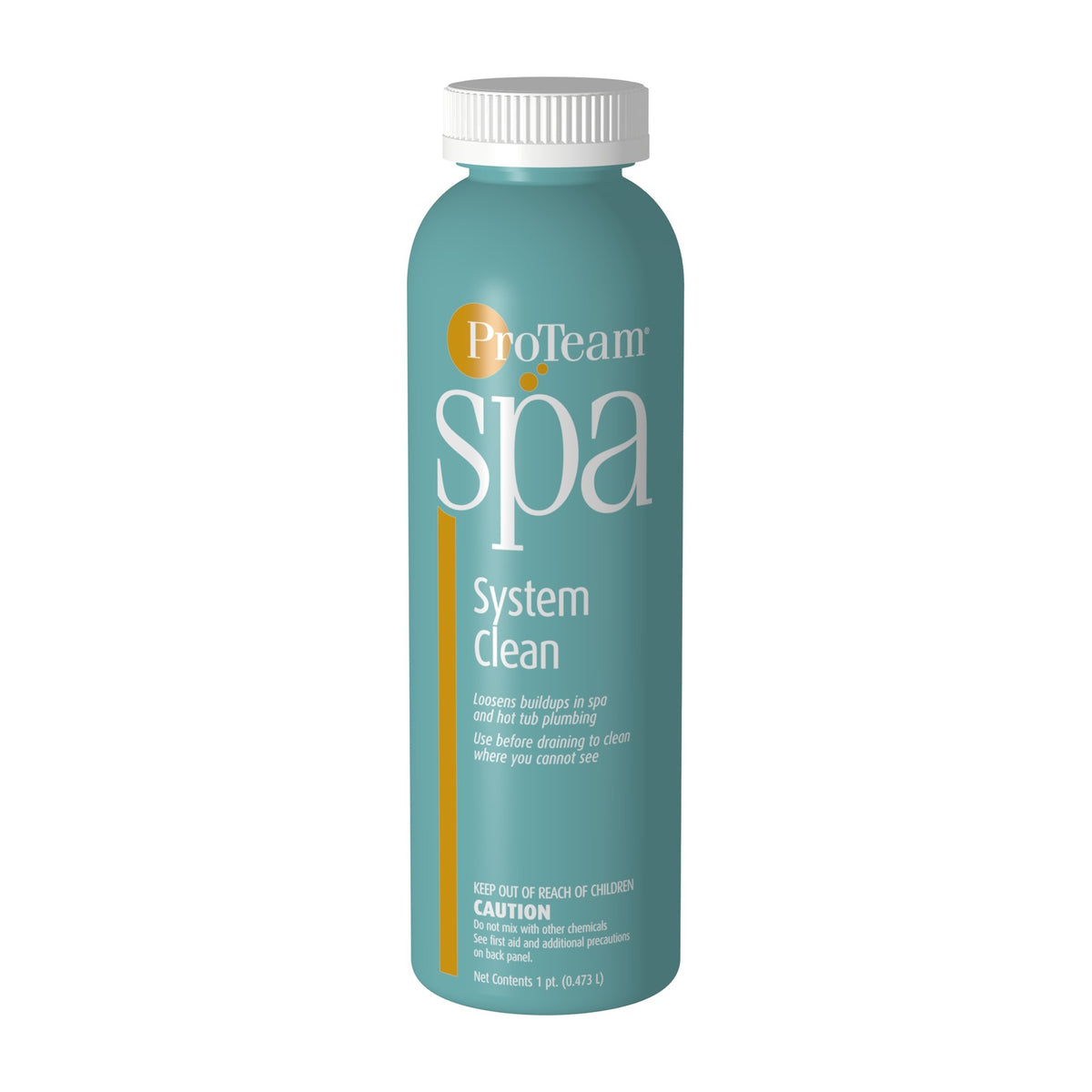 Front of the ProTeam Spa System Clean 1 pt (16 fl oz) bottle for lifting buildup from spa plumbing before a refill.