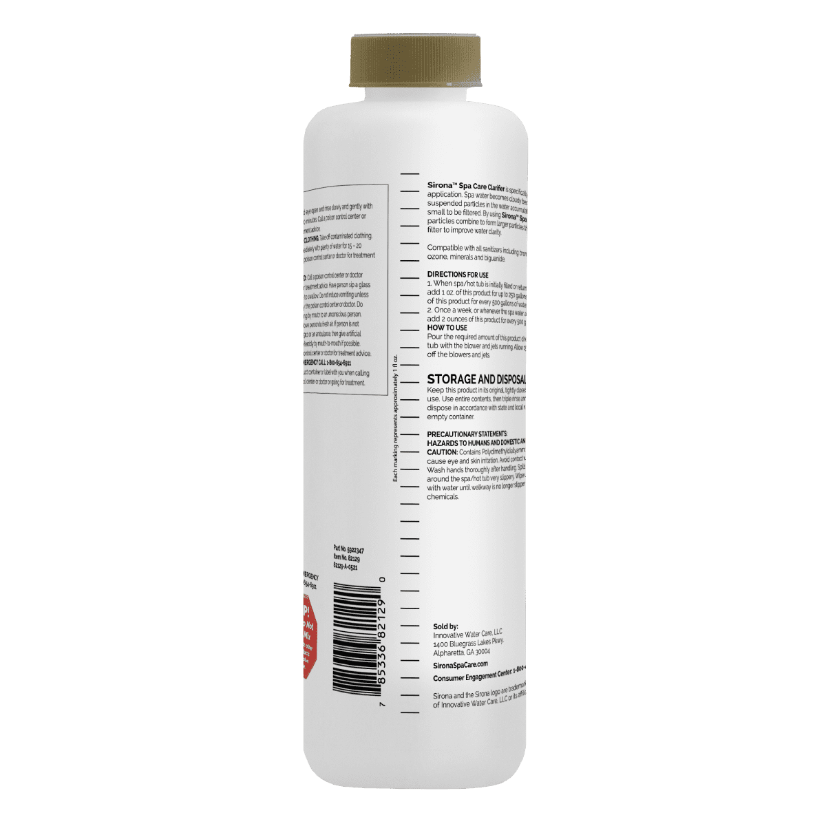 Back label of Sirona Spa Clarifier 32 oz with directions