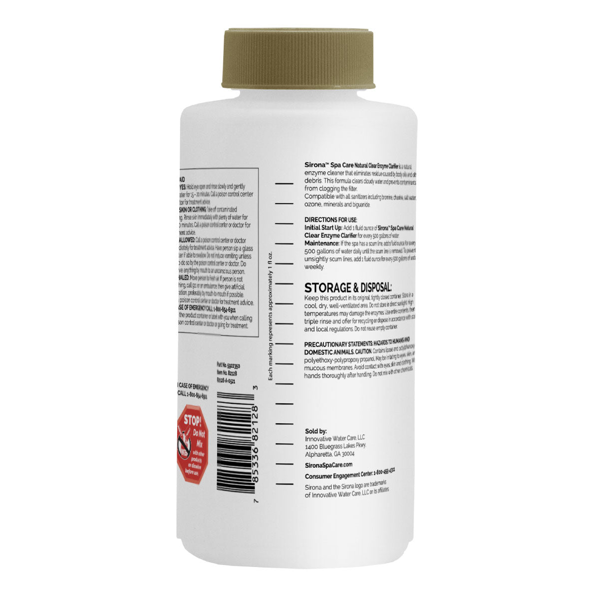Back label of Sirona Natural Clear Enzyme Clarifier with directions and compatibility