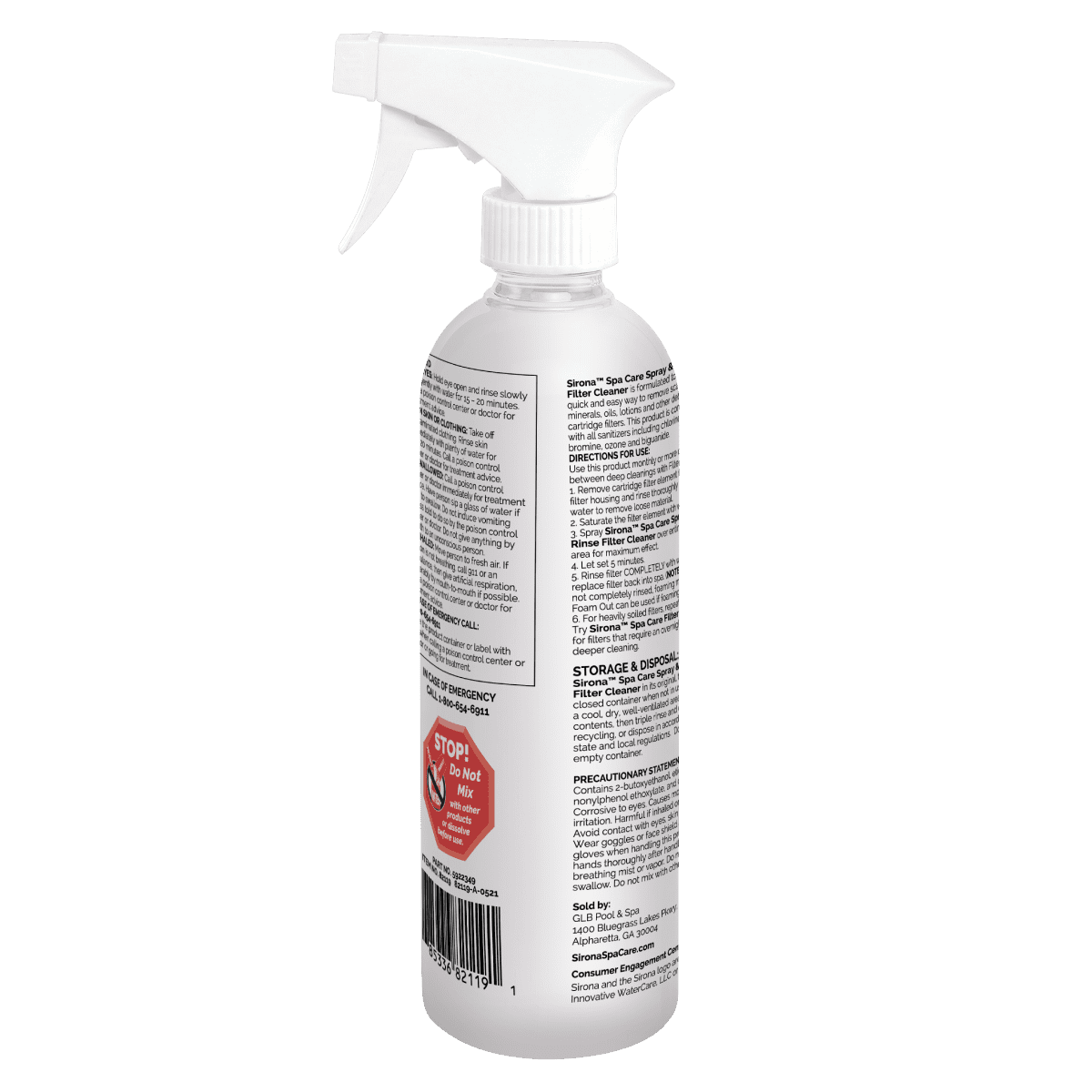 Back label of Sirona Spray & Rinse Filter Cleaner