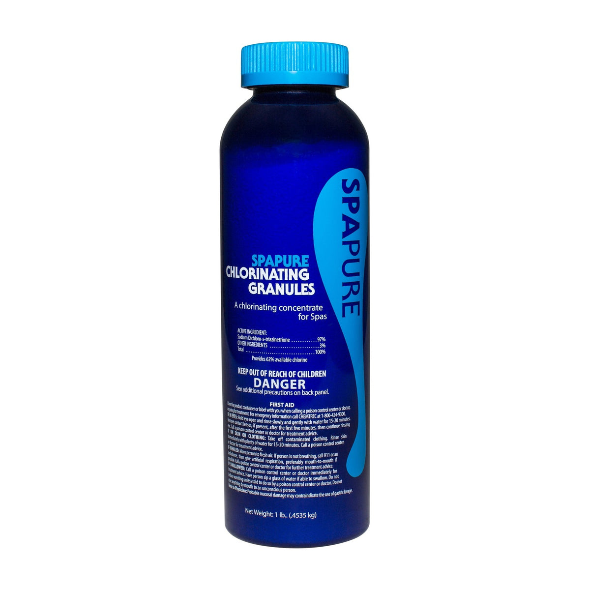Front of the SpaPure Chlorinating Granules 1 lb container for spa and hot tub water care.
