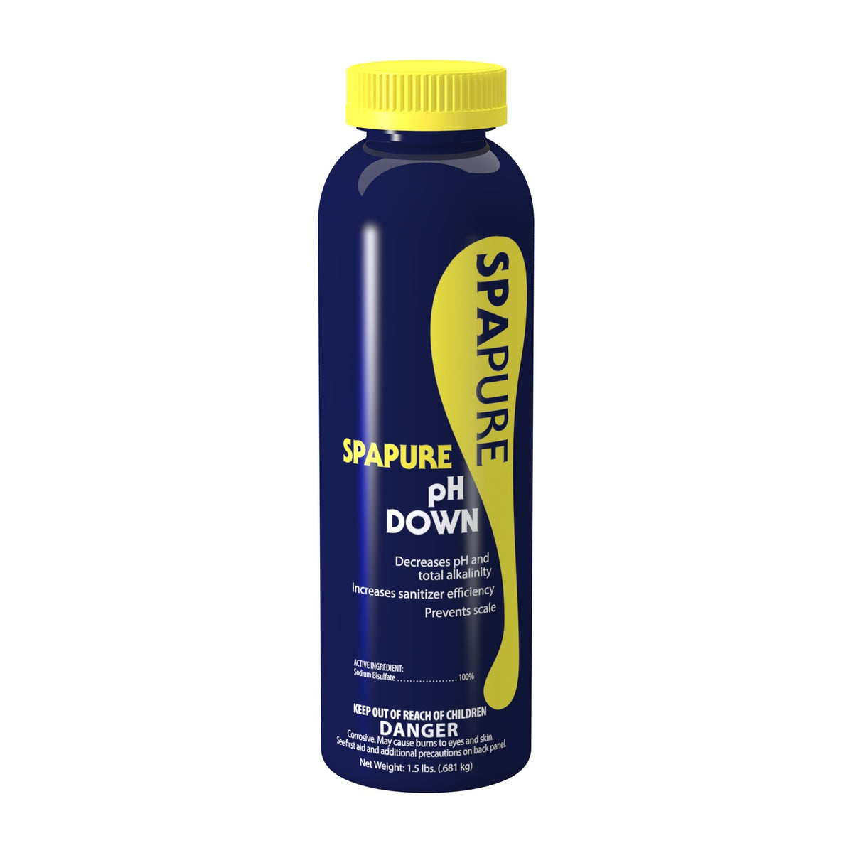 Front of SpaPure pH Down container, 1.5 lb (24 oz), for lowering high pH in spa and hot tub water.