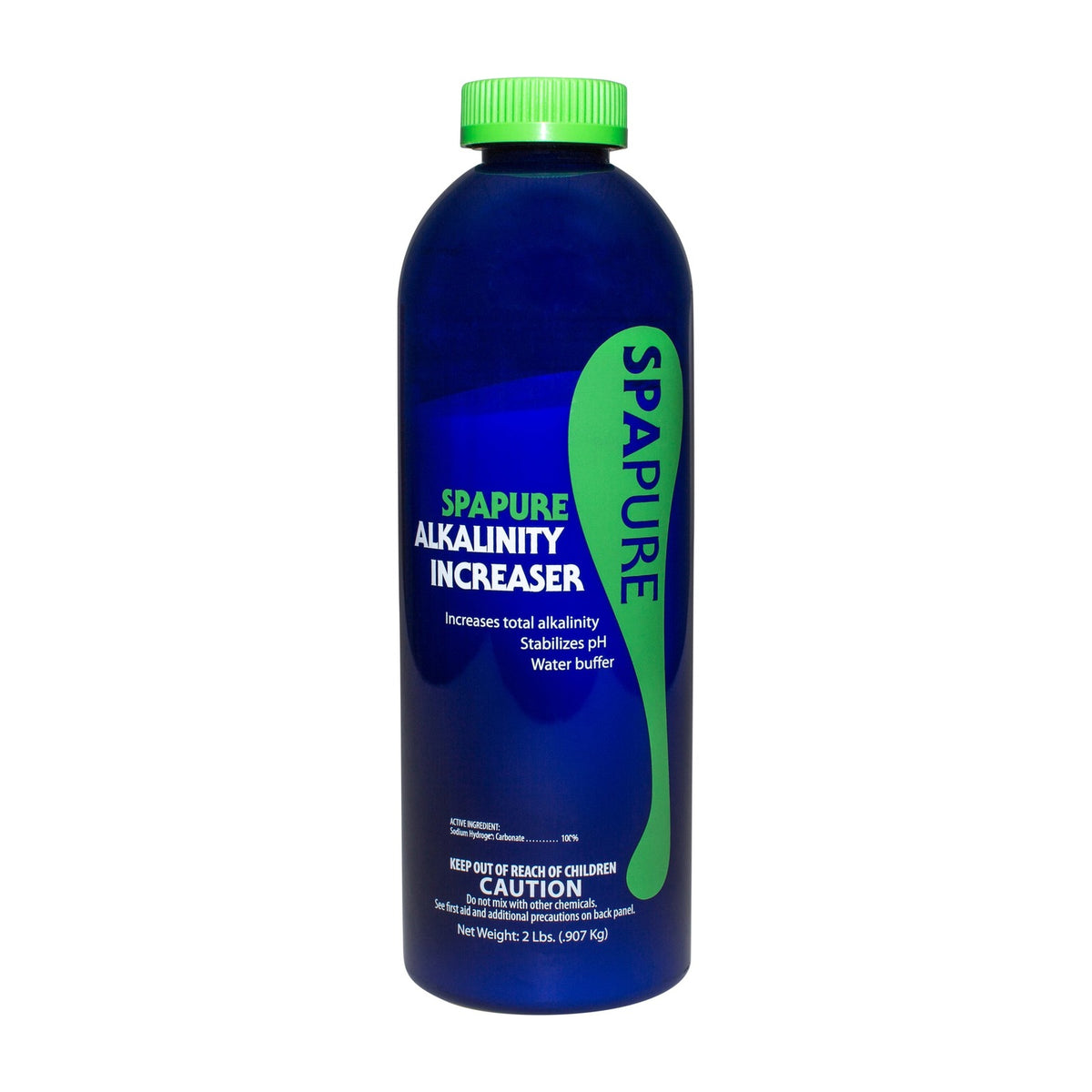 Front of 2 lb SpaPure Alkalinity Increaser container for raising total alkalinity in spa and hot tub water.