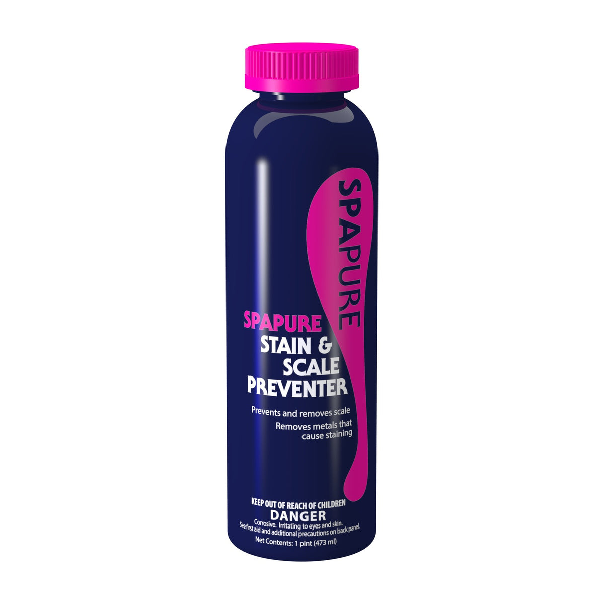 Front of the SpaPure Stain & Scale Preventer container, shown in the 1 pt (16 fl oz) size for spa water care.