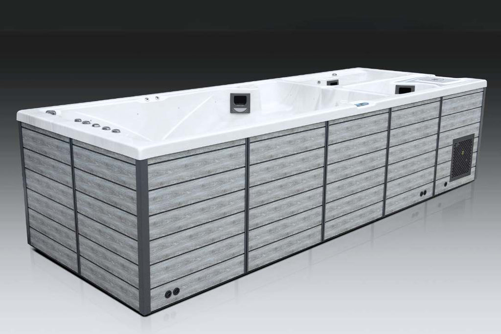 Rear angle of the Triathlon 3-in-1 spa showcasing the swim zone and dual therapy chambers.