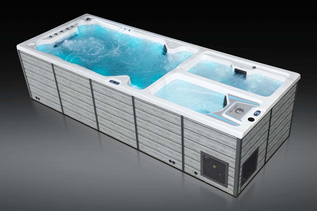 Triathlon 3-in-1 swim spa with water features running across the swim zone, hot tub section, and ice tub.