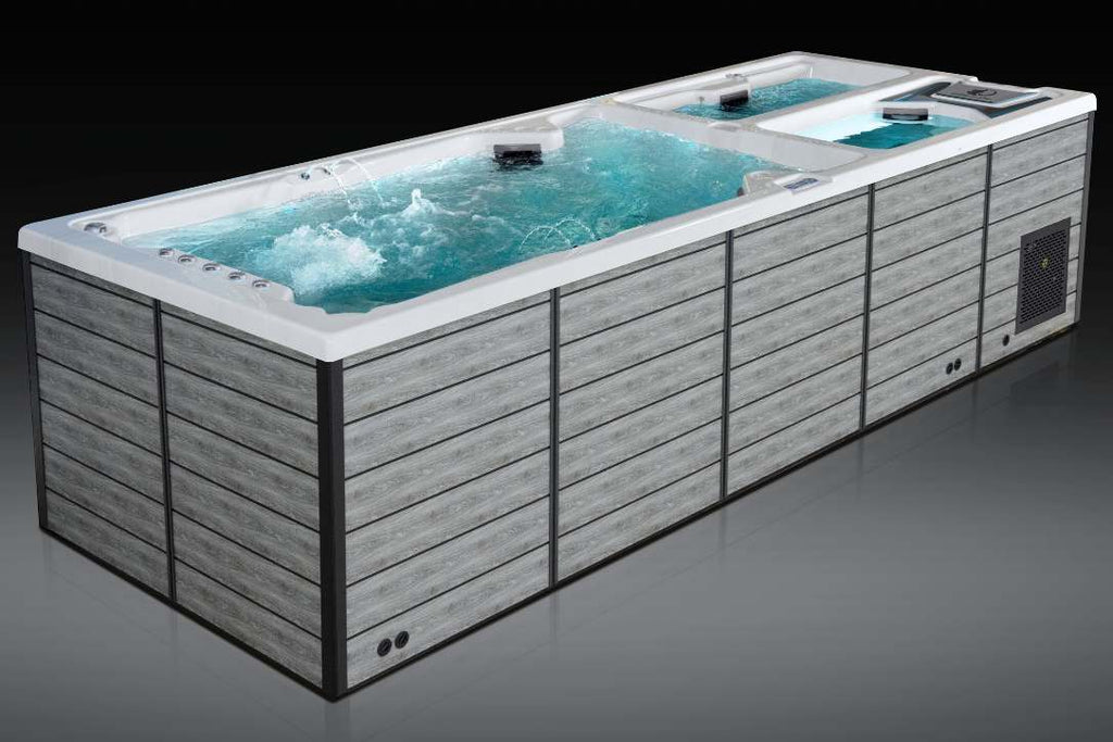 Triathlon 3-in-1 spa operating with water running in all three chambers—swim zone, hot tub, and ice tub.