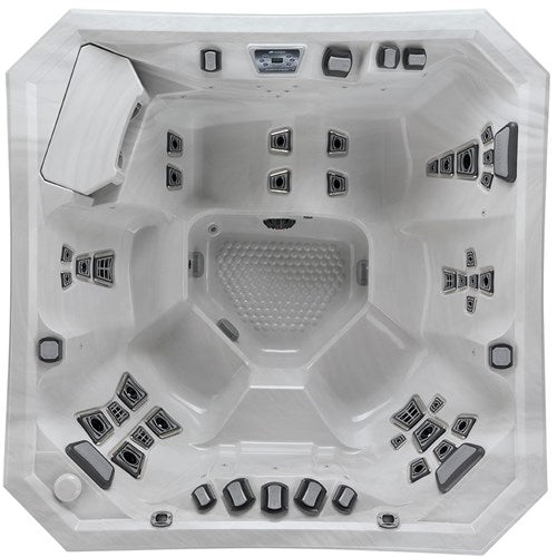 Overhead view of the Vector21 Series V84L hot tub showing seating layout, jet placements, and interior shell details.