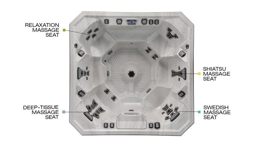 Overhead view of the Vector21 Series V94 hot tub highlighting relaxation, deep-tissue, shiatsu, and Swedish massage seats.