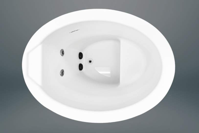 Top-down view of a white oval plunge tub with built-in jets and contoured seating.
